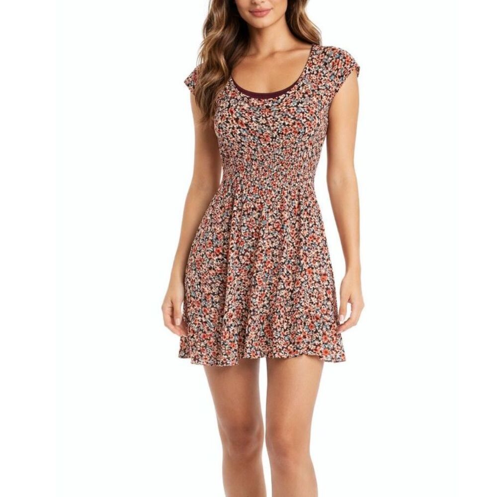 American Rag Burgundy Floral Scoop Neck Smocked Waist SS Mini Dress Size XS